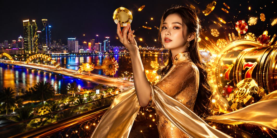 Cô gái mặc áo dài chơi slot game trên điện thoại tại Đà Nẵng buổi tối