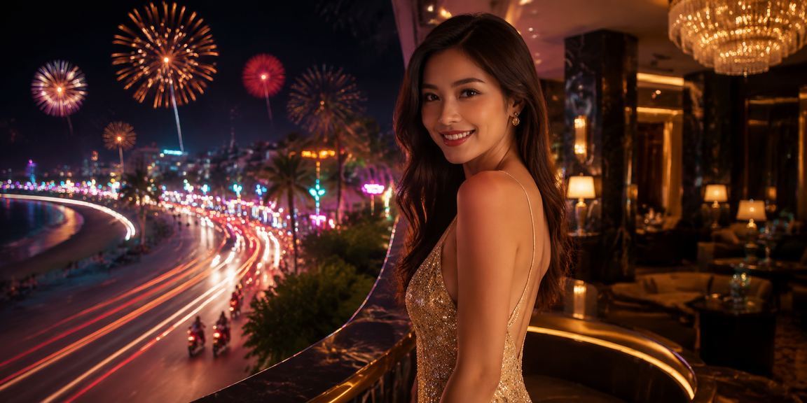 Ánh đèn neon khu giải trí casino tại Mũi Né về đêm nhìn từ bãi biển